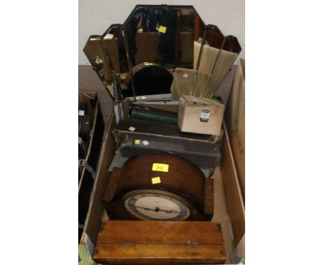 A chiming mantle clock; a wall mirror; 6 pianola rolls; 4 vintage ink bottles etc