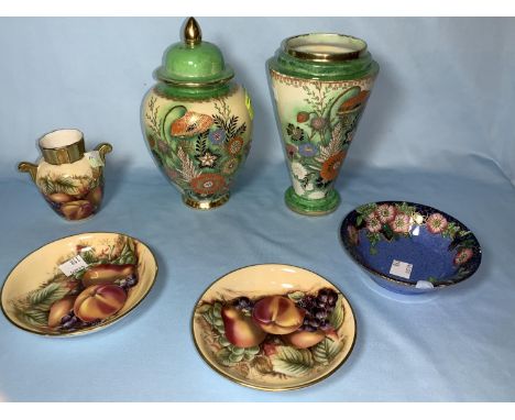 A 1930's Carltonware Art Deco covered vase, similar tapering vase; 3 pieces of Aynsley "Orchard Gold"; a Maling dish 