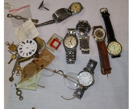 A collection of 6 vintage gent's watches, gold rim spectacles &amp; bric a brac 