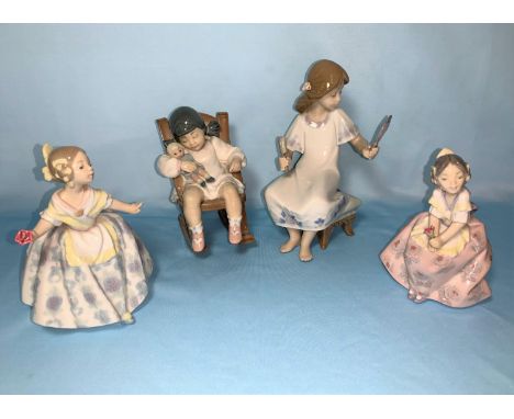 4 Lladro figures of girls, 2 seated &amp; 2 holding flowers 10 - 19cm 