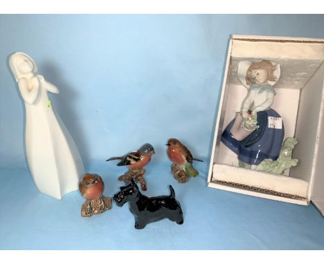 A Royal Doulton Images figure "Thankful" HN3129; a Lladro figure of a girl with flowers; 3 Beswick birds &amp; a dog 