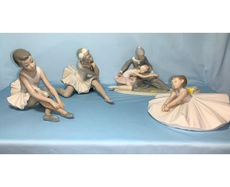 A Lladro ballerina stretching; a Nao similar, a group of 2 ballet dancers and a child ballerina 