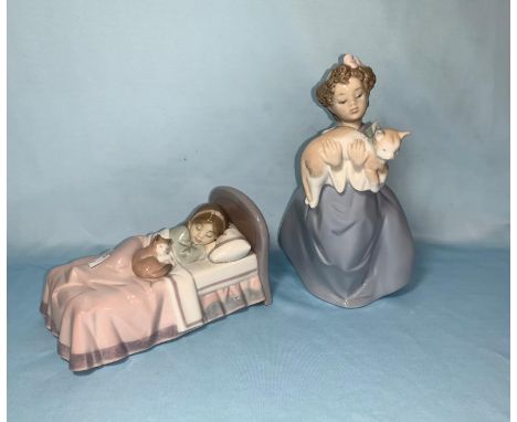 Boxed Lladro figure - girl with cat, Lladro group girl in bed 