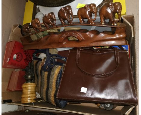 A hardwood carved bridge of elephants, a similar item, 4 handbags and other collectables 