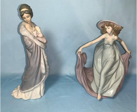 A Lladro figure of a lady with a parasol (parasol detached); Lladro figure of a dancing girl (3 fingers a.f.) 
