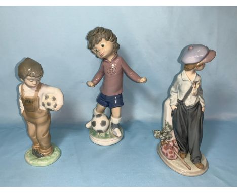 2 Lladro boy figures - footballer &amp; boy with sack; Nao boy footballer 