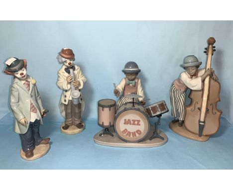 Four Lladro figures forming a jazz band comprising drummer, double bass player, violin player and saxophone player