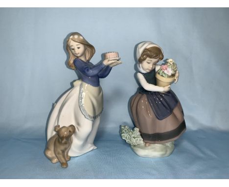Lladro figure - girl with flowers; Nao girl with cake;&nbsp;Signed Lladro figure, boy clown playing accordion;