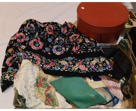 Two vintage cardboard hat boxes, an embroidered jacket, various evening bags, 2 tins of buttons; 3 fringed shawls and a selec