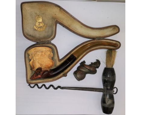 a cased Meerschaum pipe (a.f.); a vintage corkscrew &amp; a novelty Mr Punch vesta case 