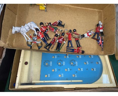 a 14 piece lead soldier guards military band (horse drummer hand missing); a Chad Valley mini bagatelle 