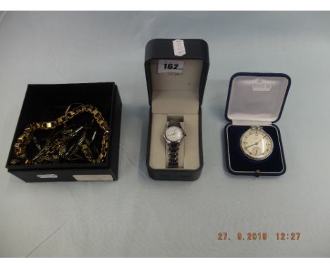 A vintage chrome pocket watch, boxed Sekonda watch and an item of costume jewellery 