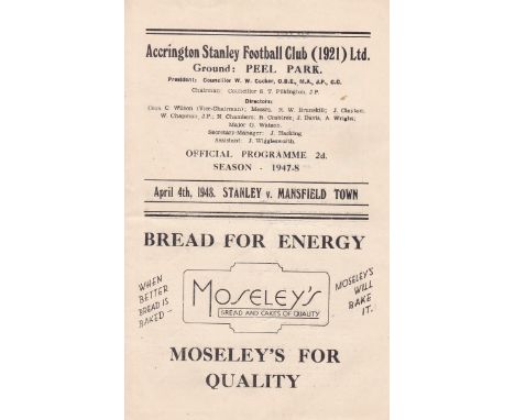 ACCRINGTON - MANSFIELD 47/8   Accrington home programme v Mansfield, 4/4/48, Stanley won 1-0. Neat pencil changes.  Generally