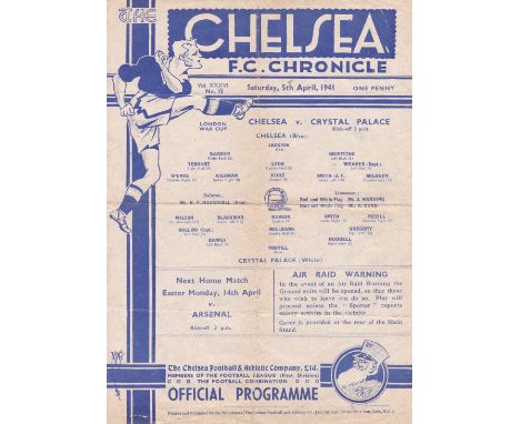 CHELSEA / CRYSTAL PALACE      Single sheet programme Chelsea v Crystal Palace London War Cup 5th April 1941. Very low crowds 