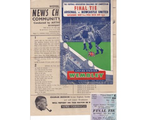 FA CUP FINAL 1952     FA Cup final 1952 programme (rusty staples), song sheet (folds) and ticket (good).    Fair-generally go