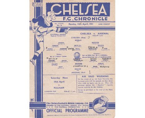 CHELSEA / ARSENAL   Single sheet programme Chelsea v Arsenal Football League 14th April 1941. Very low crowds during this sea