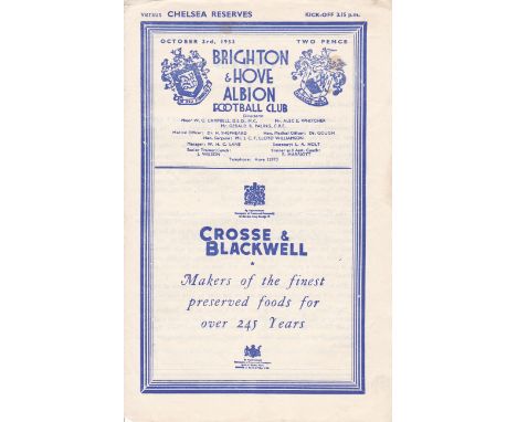 BRIGHTON - CHELSEA RES 53-4   Brighton home Reserves programme v Chelsea Res, 3/10/53, four page issue, folds, slight creasin