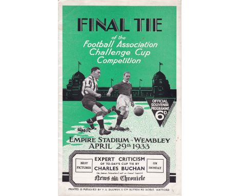 1933 FA CUP FINAL   Official programme, Everton v Manchester City, 1933 Cup Final, staples removed otherwise good.  Good