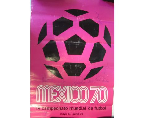 1970 WORLD CUP / ENGLAND AUTOGRAPHS     A large 23" X 16" official  World Cup 70 pink poster with the Mexico 70 logo signed b