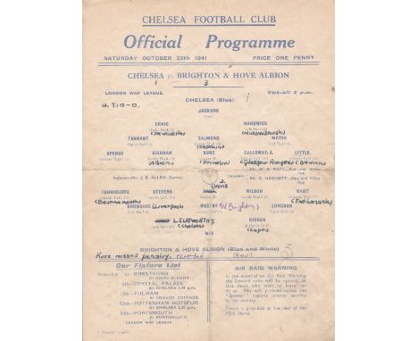 CHELSEA / BRIGHTON    Single sheet programme Chelsea v Brighton & Hove Albion London War League 25th October 1941.Very low cr