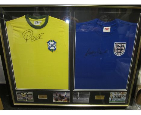 PELE - BANKS    Framed and plastic glazed signed shirts by Pele and Gordon Banks., Yellow Brazil shirt 1970 style and a blue 