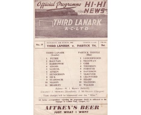 THIRD LANARK     Home programme v. Partick Thistle 24/3/1951, very slightly creased.    Generally good