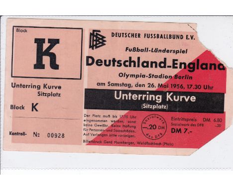 ENGLAND     Away ticket v. Germany in the Olympia Stadion in Berlin on 26th May 1956. Corners detached on stadium entry, othe