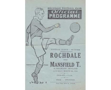 ROCHDALE - MANSFIELD 47/8   Rochdale home programme v Mansfield, 6/3/48, Mansfield won 2-1, four page issue, slight folds. Go