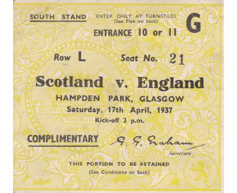 SCOTLAND - ENGLAND 1937   Scarce seat ticket , Scotland v England, 17/4/1937 at Hampden. South Stand seat, only the seats had