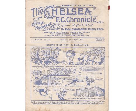 CHELSEA - ARSENAL 1933  Chelsea home programme v Arsenal, 22/4/1933, fold, changes, score noted.  Fair-generally good
