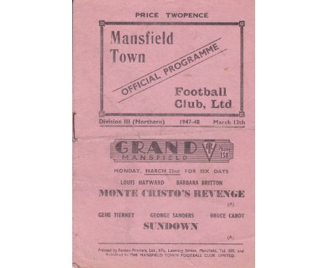 MANSFIELD - NEW BRIGHTON 47/8   Mansfield home programme v New Brighton, 13/3/48, Mansfield won 5-0, slight fold.  Generally 