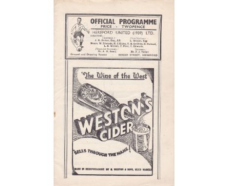 HEREFORD UNITED PRE-LEAGUE       Home programme v. Kidderminster Harriers 14/2/1948 in the Birmingham League Challenge Cup, v