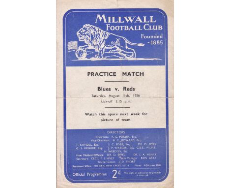 MILLWALL         Programme for the Public Trial, Reds v Blues 11th August 1956, 4 page issue. Folded in four and scores enter
