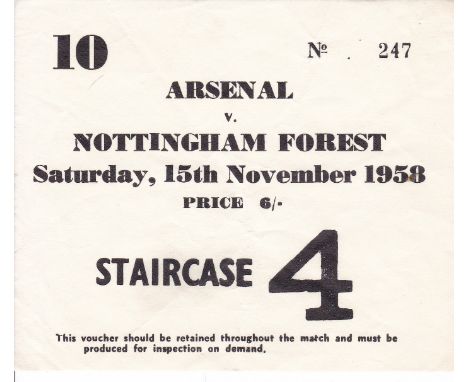 ARSENAL TICKET   Ticket Arsenal v Nottingham Forest 15th November 1958. Light creasing.     Generally good