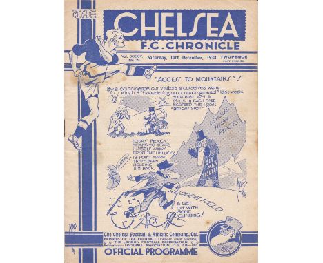 CHELSEA - HUDDERSFIELD 1938   Chelsea home programme v Huddersfield, 10/12/1938, minor marks, slight fold.  Generally good