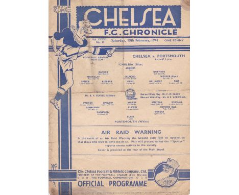 CHELSEA / PORTSMOUTH      Single sheet programme Chelsea v Portsmouth Football League War Cup 15th February 1941. Very low cr