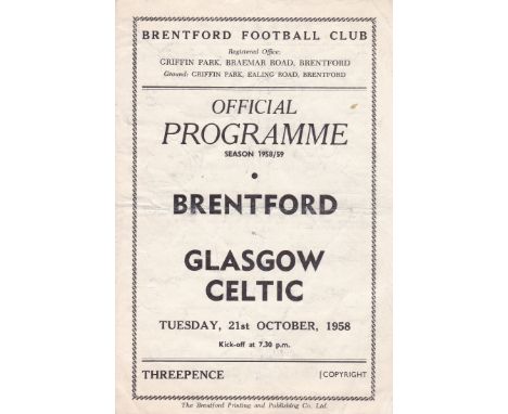 BRENTFORD - CELTIC 58   Brentford home programme v Glasgow Celtic, 21/10/58, four page issue, creased, team changes.  Fair