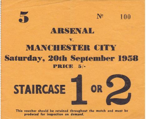 ARSENAL TICKET   Ticket Arsenal v Manchester City 20th September 1958. Light folds.   Generally good