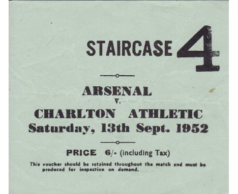 ARSENAL TICKET   Ticket stub Arsenal v Charlton Athletic 13th September 1952. Light folds otherwise generally good.   As desc