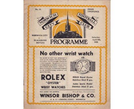 NORWICH CITY V BLACKBURN ROVERS 1939      Programme for the League match at Norwich 8/4/1939, very slight vertical crease.   