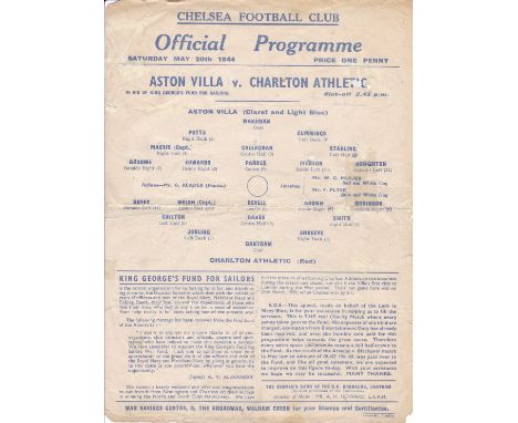 NORTH - SOUTH 1944  Chelsea single sheet programme, Aston Villa v Charlton, 20/5/44 at Stamford Bridge, Winners of War Cup No