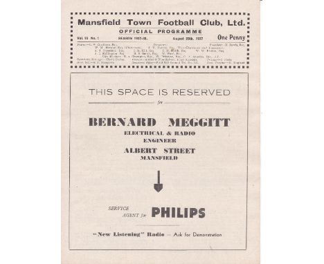 MANSFIELD - NORTHAMPTON 1937    Mansfield home programme v Northampton, 28/8/1937, opening game of the season for Mansfield w