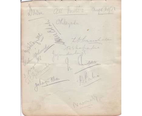 CRICKET AUTOGRAPHS     A 6 x 7 album page, 14 signatures of the 1st Indian Tour to UK, collected 20th August 1932 v Leicester
