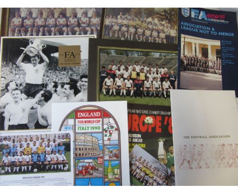 FOOTBALL ASSOCIATION   Collection including 2 framed and glazed England photographs 1977 and 1980s, various brochures for Wor
