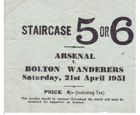 ARSENAL TICKET   Ticket stub Arsenal v Bolton Wanderers 21st April 1951. A little creased otherwise generally good.   As desc