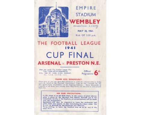 1941  WAR CUP FINAL   Official programme, Arsenal v Preston, 10/5/41 at Wembley, match ended 1-1, slight fold, professionally