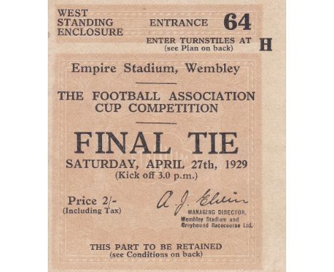 1929 CUP FINAL   Match ticket for the 1929 Cup Final, Bolton v Portsmouth, West Standing Enclosure.  Good