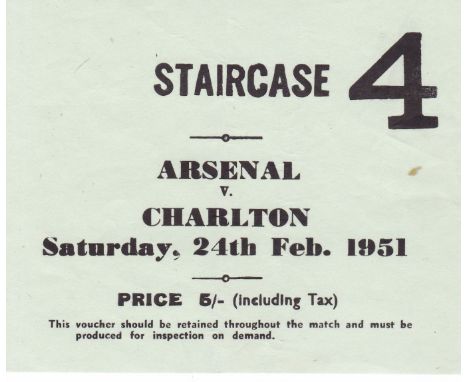 ARSENAL TICKET   Ticket stub Arsenal v Charlton Athletic February 24th 1951.   Good