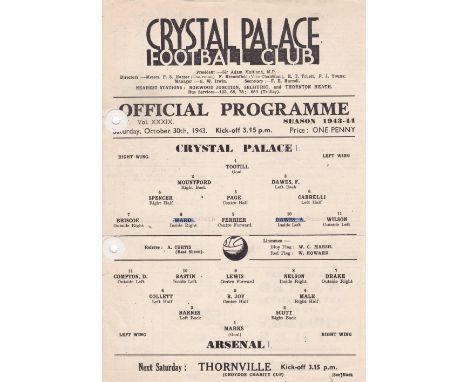 CRYSTAL PALACE-ARSENAL 43  Single sheet Crystal Palace v Arsenal, 30/10/43, small tear along fold, punch-holes (print not aff