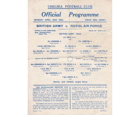 CHELSEA 1943   Chelsea single sheet programme covering two games, 26/4/43 , one between British Army and the RAF, the other b